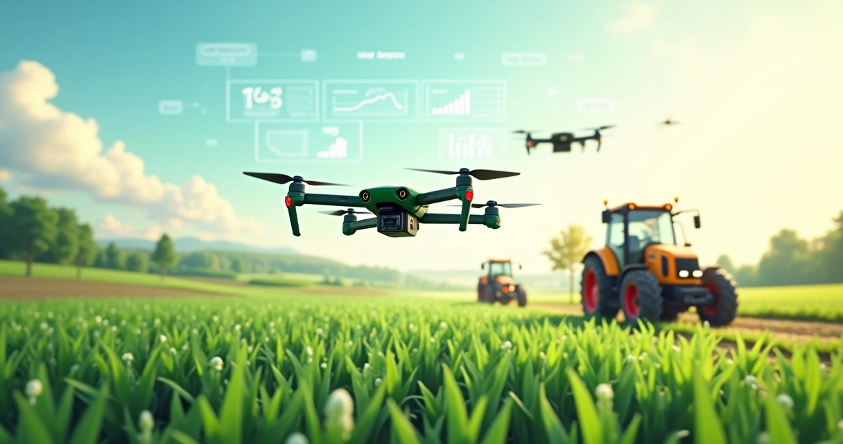 Drones sobrevoando plantações verdes com tratores modernos ao fundo e interface digital de análise agrícola na tela