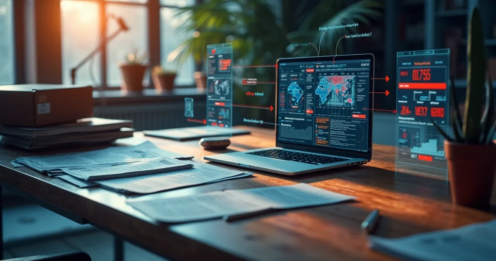Mesa de trabalho com documentos, laptop e gráficos que mostram fluxo interrompido de processos logísticos no comércio exterior