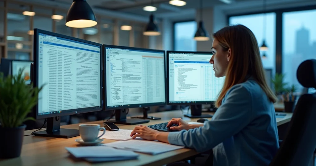 Mesa de escritório com várias telas mostrando planilhas e e-mails em uma sala iluminada e moderna